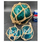 3 Blue-Green Glass Fishing Floats w Rope Netting