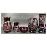 Vntg Ruby Cut-to-Clear Etched Glass Pitcher, Vases