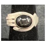 Vntg Sterling Silver Palm Ring w Black Stone Sz 6