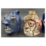 2 American Folk Art Pottery Face Jugs