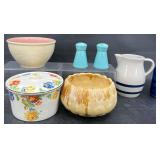 Vntg Ceramic  Salt Pepper Shakers, Pitcher, Bowls