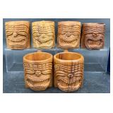 6 Vintage Carved Monkeypod Wood Tiki Mugs