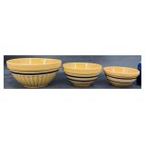 3 Vintage Hand Painted Yellow Ware Mixing Bowls