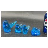 4 Blue Art Glass Birds of Happiness Figurines