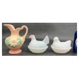 Vntg Hull Pitcher & 2 Hen-on-Nest Trinket Dishes