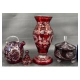 Vntg Ruby Cut-to-Clear Etched Glass Vase, Pot+