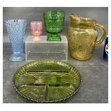 Vintage Colored Glassware  Vases, Pitcher, Dish