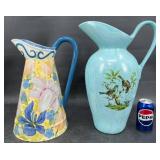 2 Vintage Colorful Pitchers  Floral & Bird Motifs