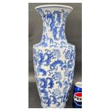 Tall Blue & White Floral Pattern Art Pottery Vase