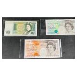 3 British Banknotes -One, Five & Ten-Pound