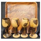 4 Handmade Wooden Goblets & Wooden Tray