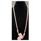 Rose Quartz Beaded Carved Cat Pendant Necklace