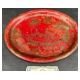 Vintage Red Tole Painted Oval Metal Tray