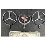 3 Vntg Car Hood Emblems - Mercedes & Cadillac