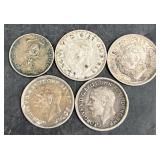 4 British Three-Pence Coins & 1944 Ten-Centavos