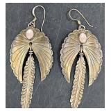 Sterling Silver Feather Earrings w Pink Stones