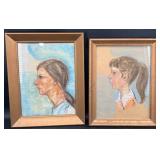 Vntg Mother Daughter Set Pastel Drawing Portraits