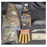 Colt Knife w Case, 2 Camo Pouches, 2 Pair Gloves