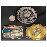 3 Vntg Belt Buckles - Masons, Thunderbird, Marines