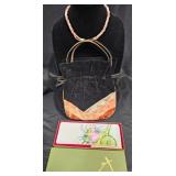 Coral Beaded Necklace, Velvet Bag & Cloisonne Tray