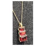 10K Gold 3-Stone Cushion Cut Garnet Necklace