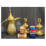 Metal Lot - Brass Teapot, Candlesticks & Bust