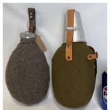 2 WWII Foreign Canteens w Carrier Strap & Cup