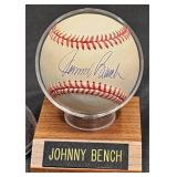 Johnny Bench Signed Baseball w Display