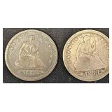 2 US 1853 Seated Liberty Quarters