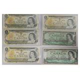 6 Canadian $1 Banknotes 1954 & 1973