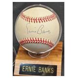 Ernie Banks Signed Baseball w Display