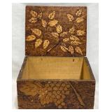 Hand-Carved Wood Box w Grape & Leaf Design