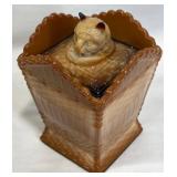 Vintageï¿½Cat on a Hamper Slag Glass Covered Dish