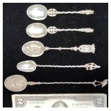 5 Silver Collectible Souvenir Spoons