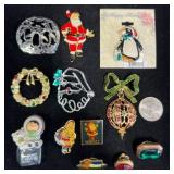 12 Christmas Holiday Pins - Santa, Penguin+