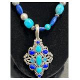 Silver Pendant Necklace w Turquoise & Lapis