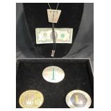Western Bolo Tie w 3 Western Belt Buckles "T"