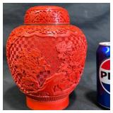 Vintage Chinese Carved Red Cinnabar Ginger Jar