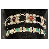 2 Sterling Silver Taxco Bracelets w Malachite +