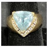 14K Gold Ring w Aquamarine & Diamonds Sz 9