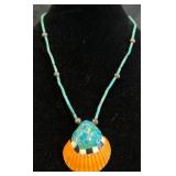 Turquoise Bead Necklace w Shell Pendant