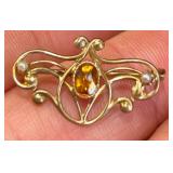Art Nouveau-Style Brooch w Citrine & Pearls
