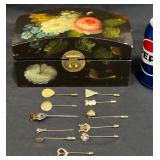11 Vintage Hat Pins in Old Hand-Painted Box