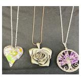 3 Necklaces w Pendants - Heart, Rose & Tree