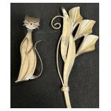 2 Vntg Sterling Silver Brooches - Cat & Calla Lily