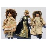 3 Porcelain Dolls in Vintage Fashionable Dress