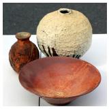 3 Unusual Pottery Pieces Large Bowl & 2 Vases