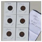 6 Indian Head Pennies 1889-1907