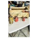 3 antique oilers & wod Coke crate