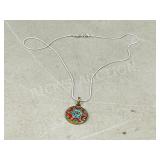 Tibetan Coral, turquoise, brass pendant / SILVER